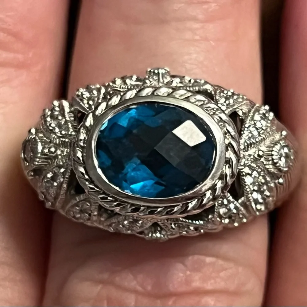 Judith Ripka London Blue Topaz Sterling Silver 925 Rope & Leaf Ring EC 8 #329 - Picture 12 of 12